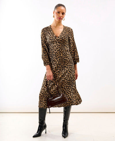 Brown Animal Printed Long Sleeve Midi Dress