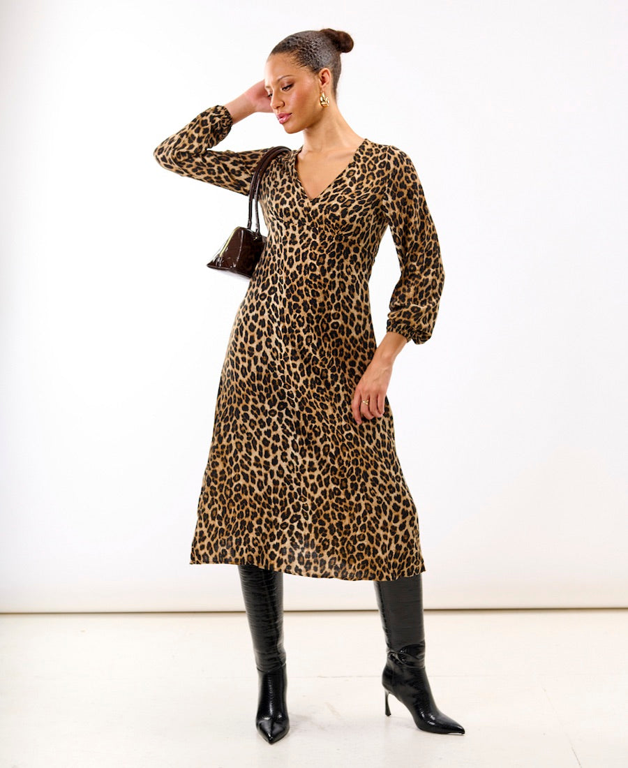 Brown Animal Printed Long Sleeve Midi Dress