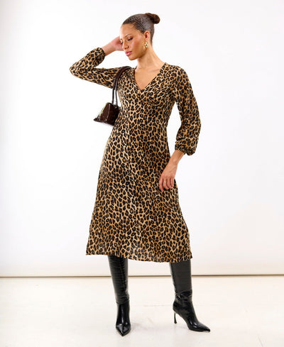 Brown Animal Printed Long Sleeve Midi Dress