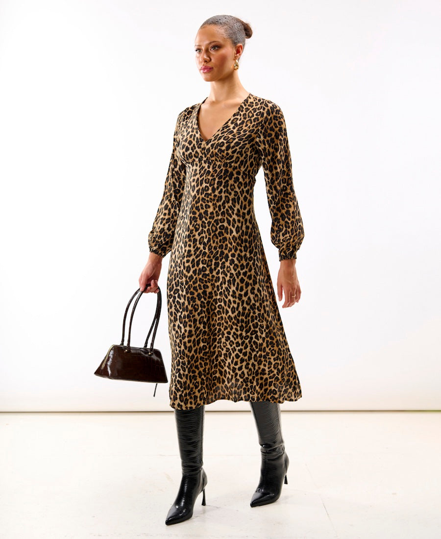 Brown Animal Printed Long Sleeve Midi Dress