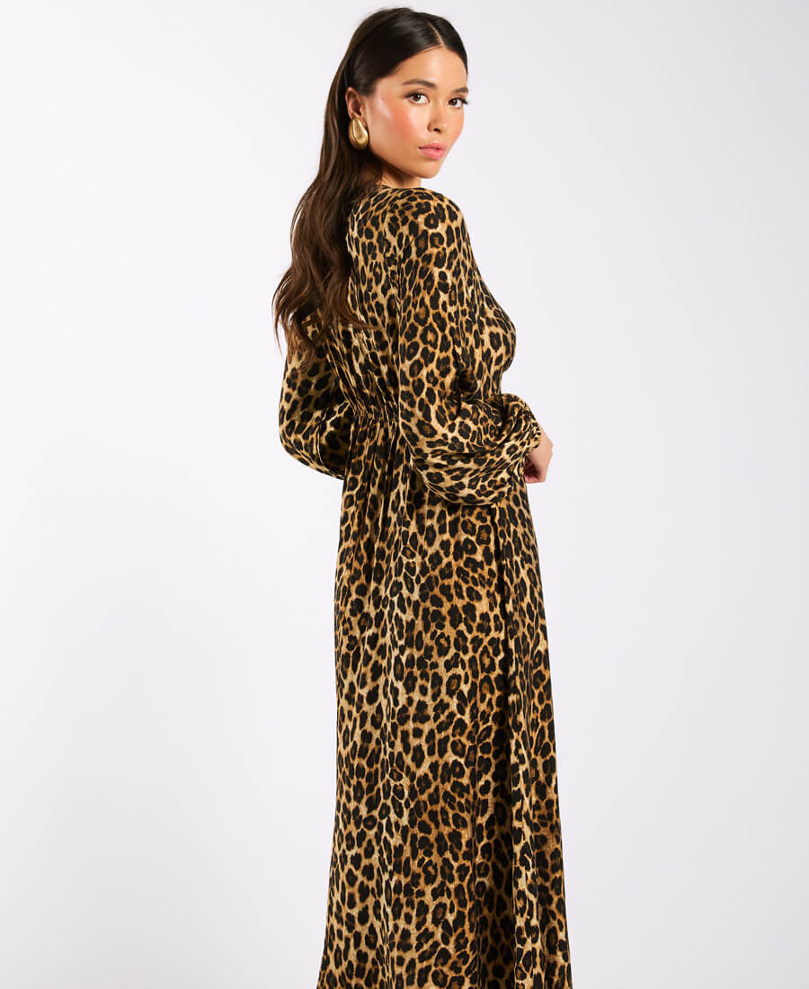 Brown Animal Printed Long Sleeve Midi Dress