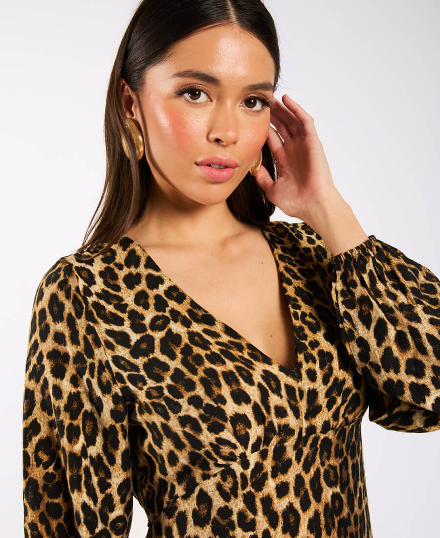 Brown Animal Printed Long Sleeve Midi Dress