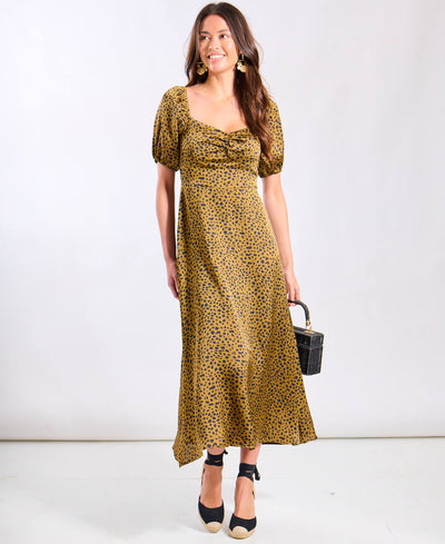 Brown Animal Satin Sweetheart Neck Midi Dress