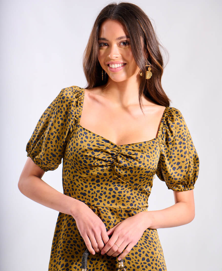 Brown Animal Satin Sweetheart Neck Midi Dress