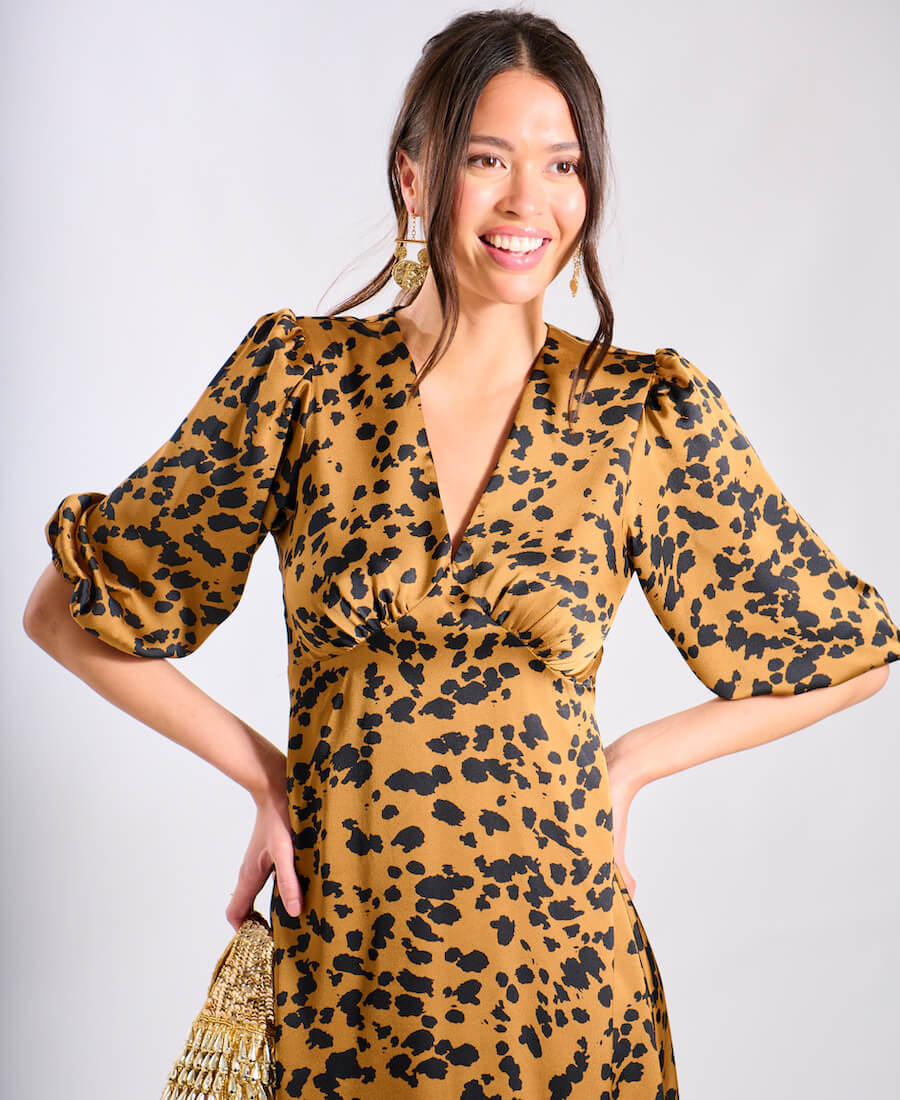 Brown Leopard Satin Midi Dress