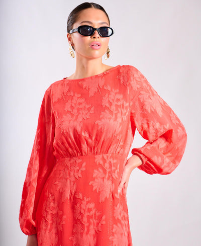 Coral Long Sleeve Jacquard Midi Dress