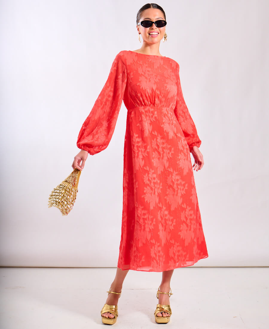 Coral Long Sleeve Jacquard Midi Dress