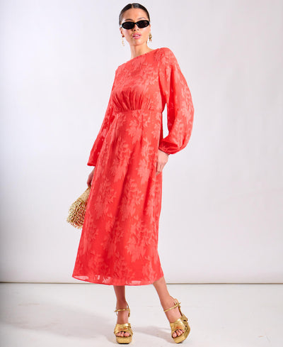 Coral Long Sleeve Jacquard Midi Dress