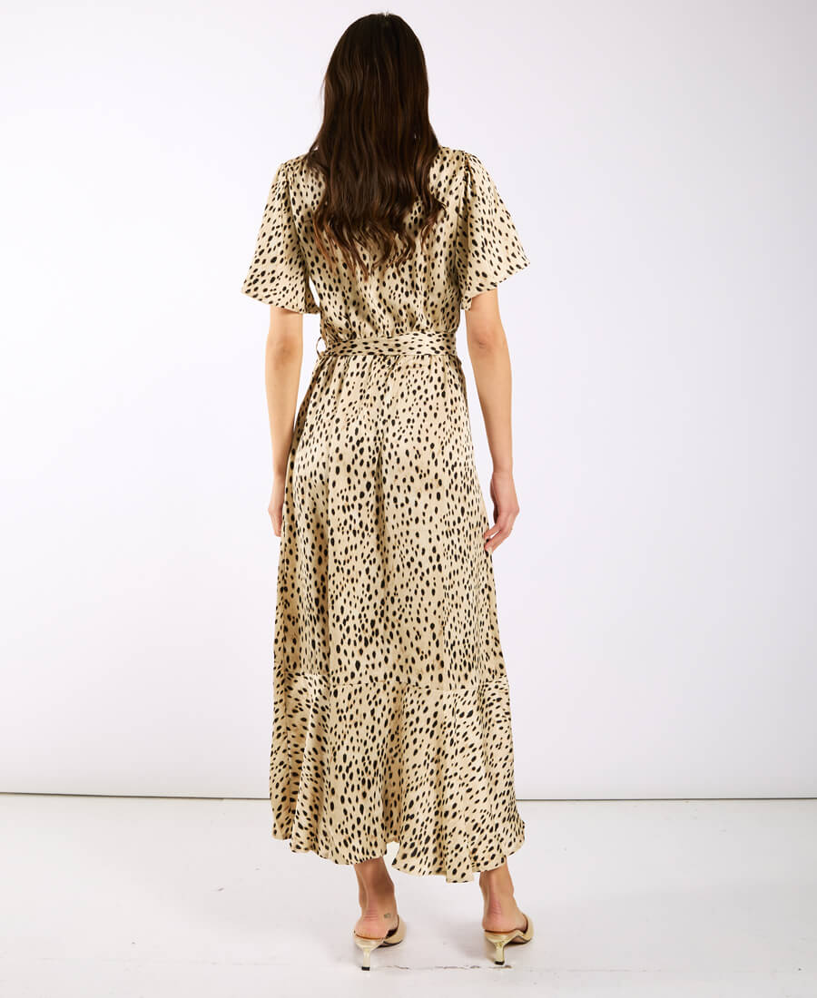 Cream Animal Printed Satin Wrap Midi Dress