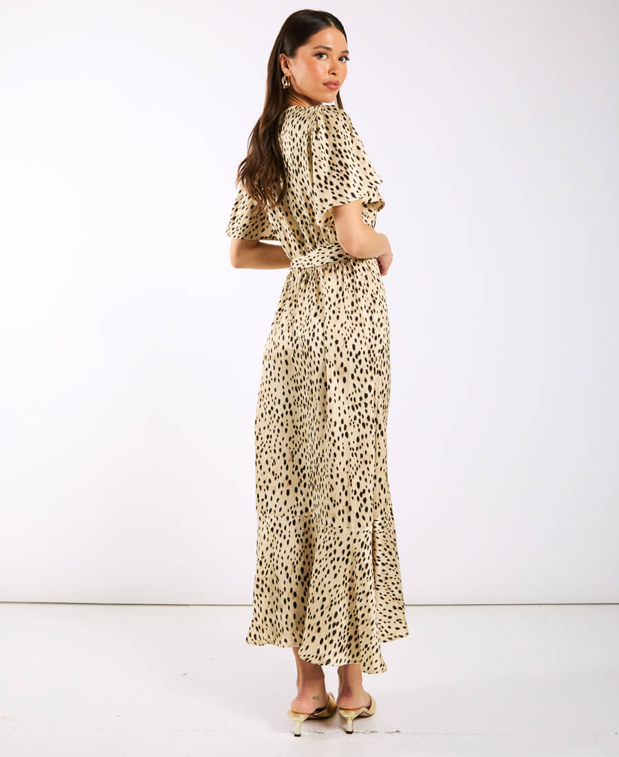 Cream Animal Printed Satin Wrap Midi Dress