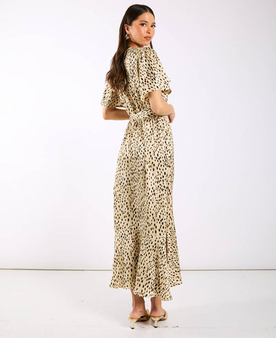 Cream Animal Printed Satin Wrap Midi Dress