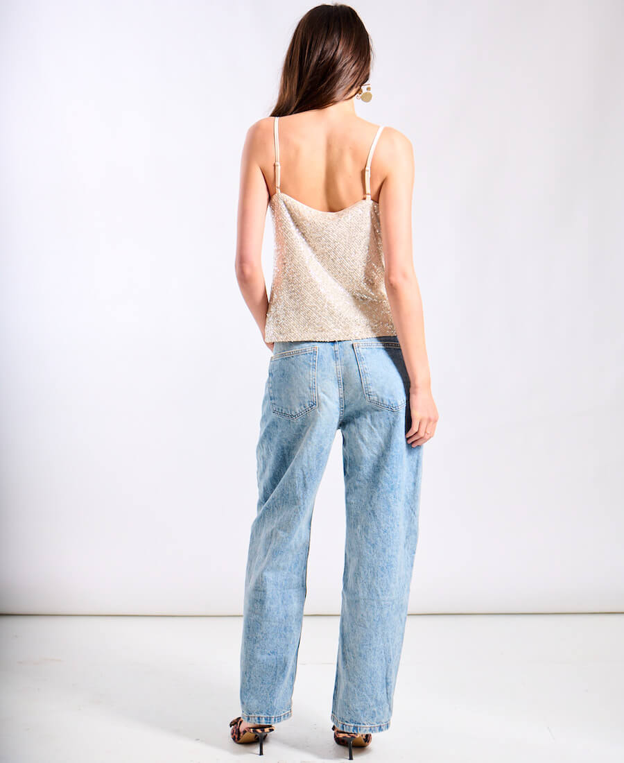 Cream Sequin Cowl Neck Cami Top