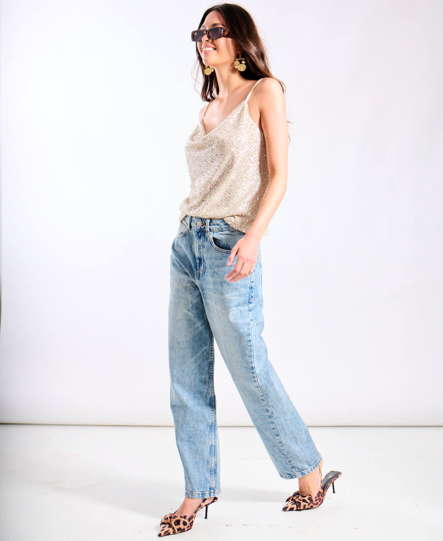 Cream Sequin Cowl Neck Cami Top