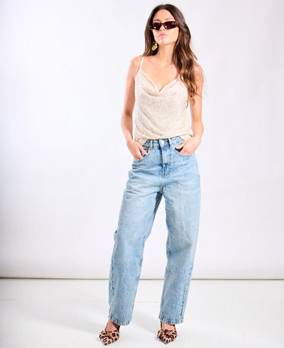 Cream Sequin Cowl Neck Cami Top