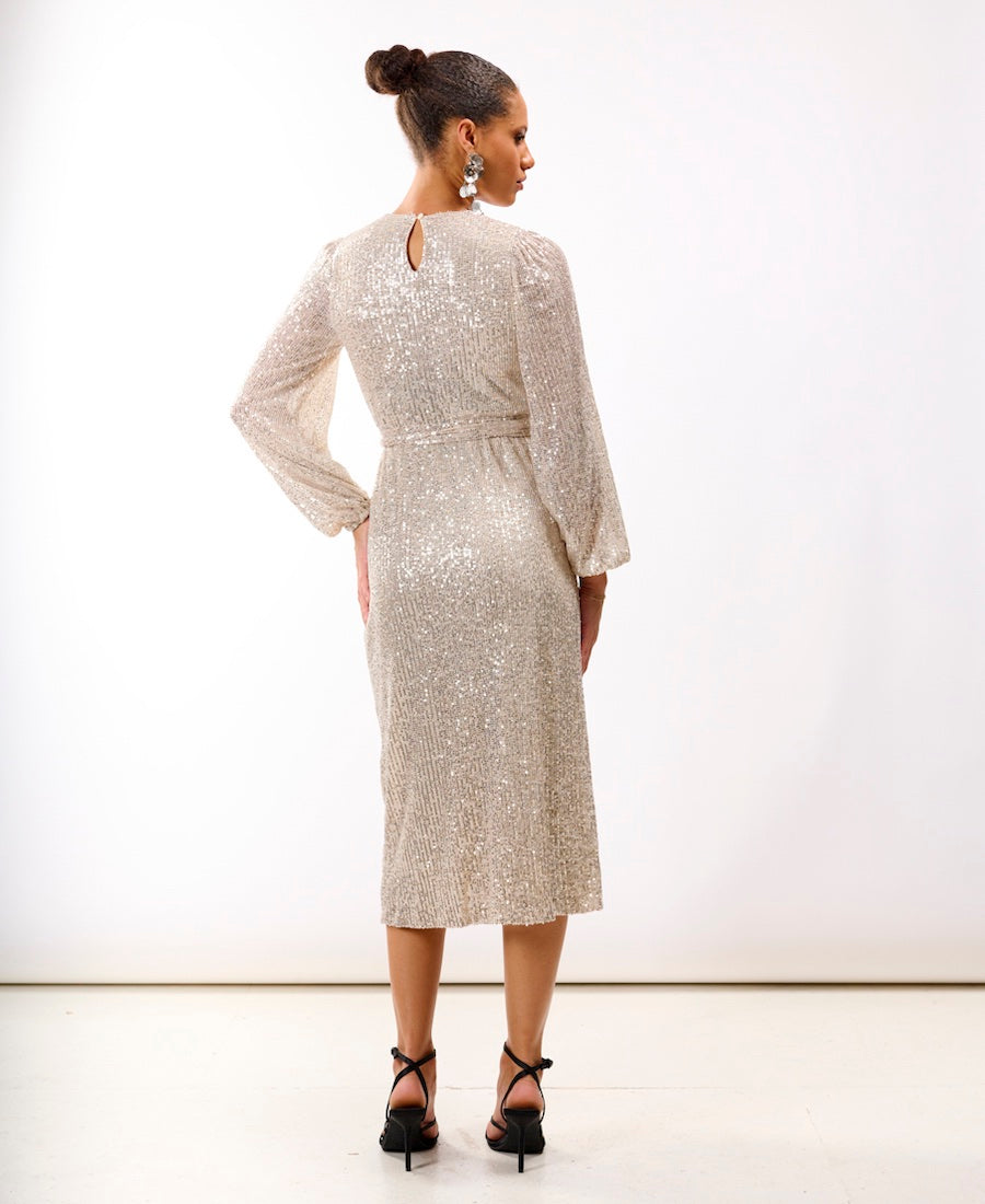 Cream Sequin Wrap Midi Dress