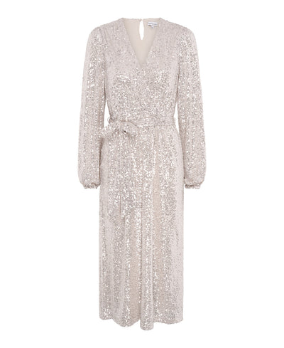 Cream Sequin Wrap Midi Dress