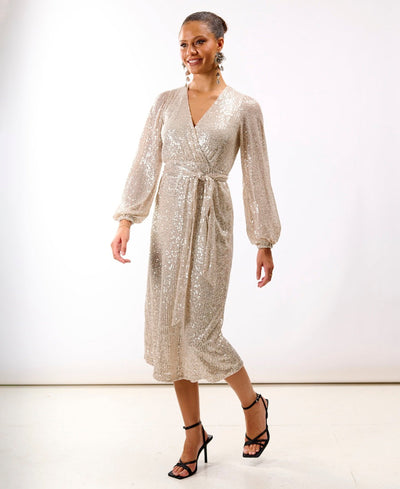 Cream Sequin Wrap Midi Dress