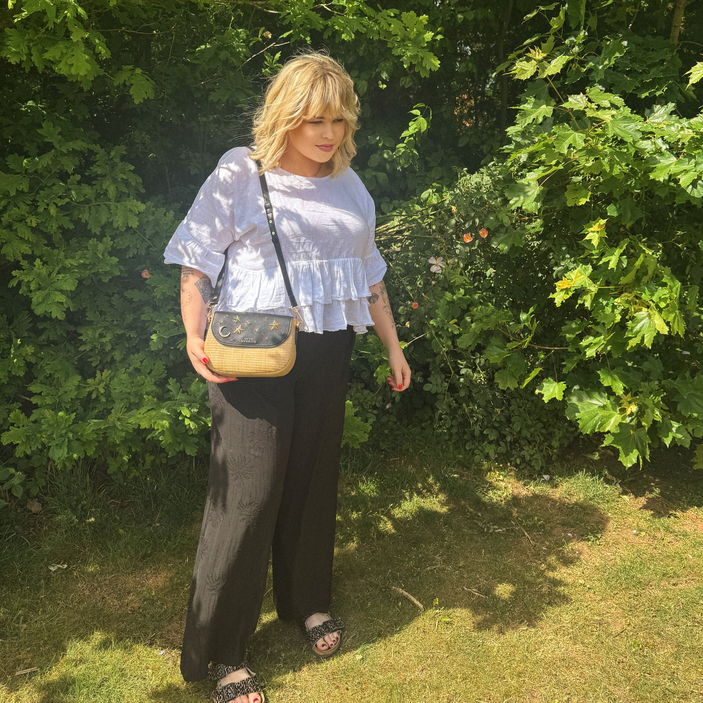 Elena Star Studded Rattan Handbag - Black & Gold