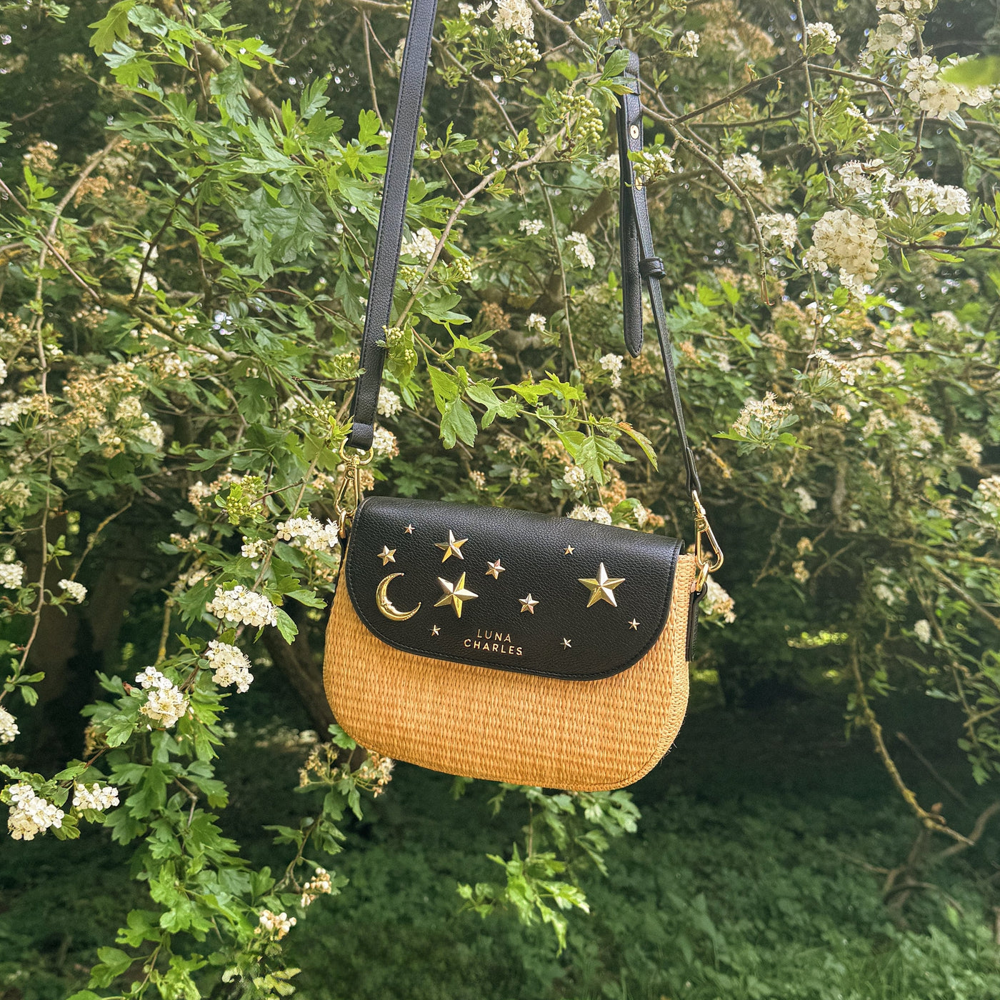 Elena Star Studded Rattan Handbag - Black & Gold