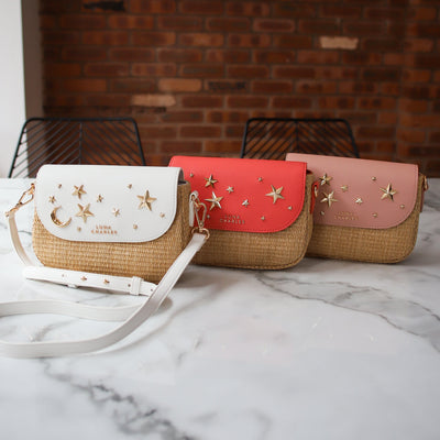 Elena Star Studded Rattan Handbag - Coral & Gold