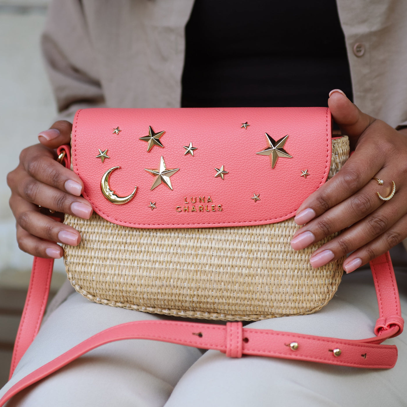 Elena Star Studded Rattan Handbag - Coral & Gold