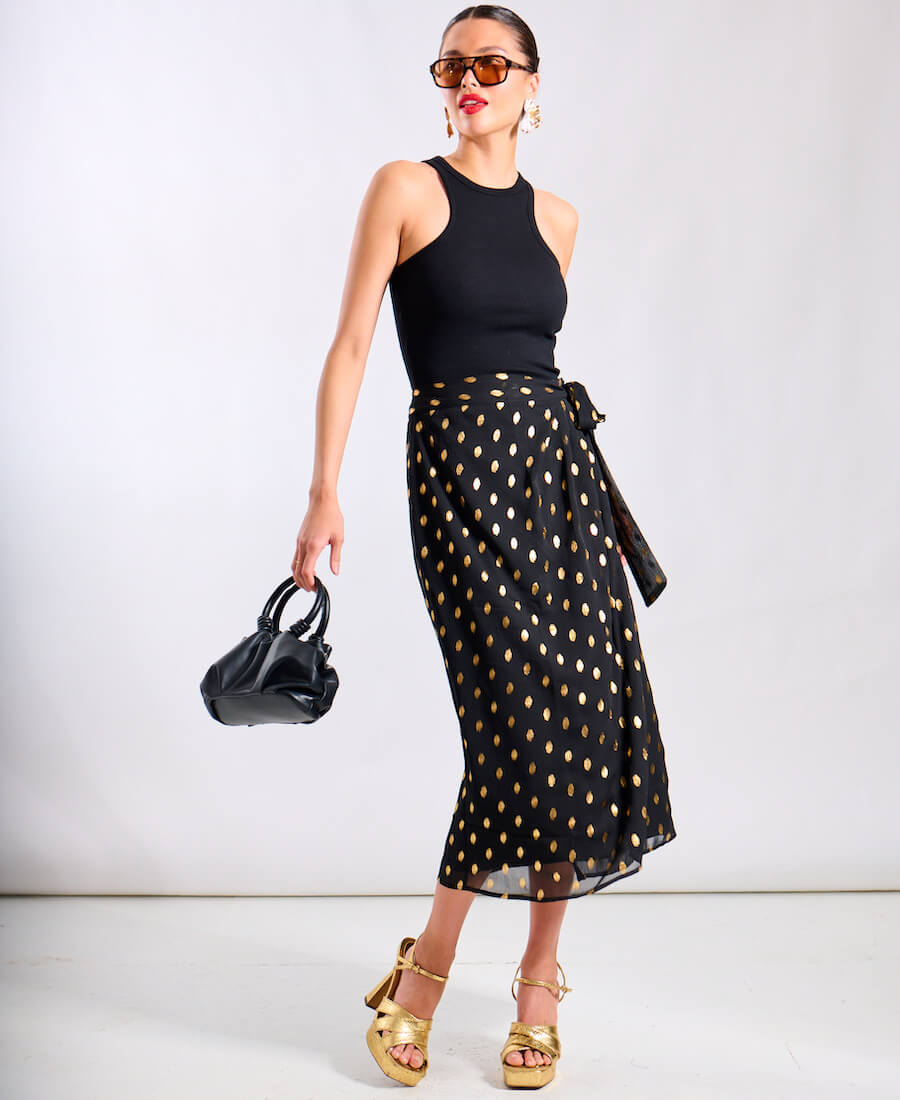 Black Foil Wrap Midi Skirt