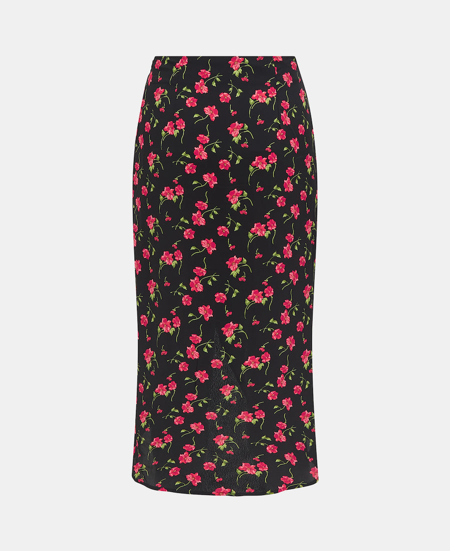 Black Floral Ruche Side Midi Skirt