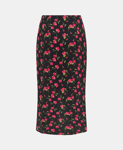 Black Floral Ruche Side Midi Skirt