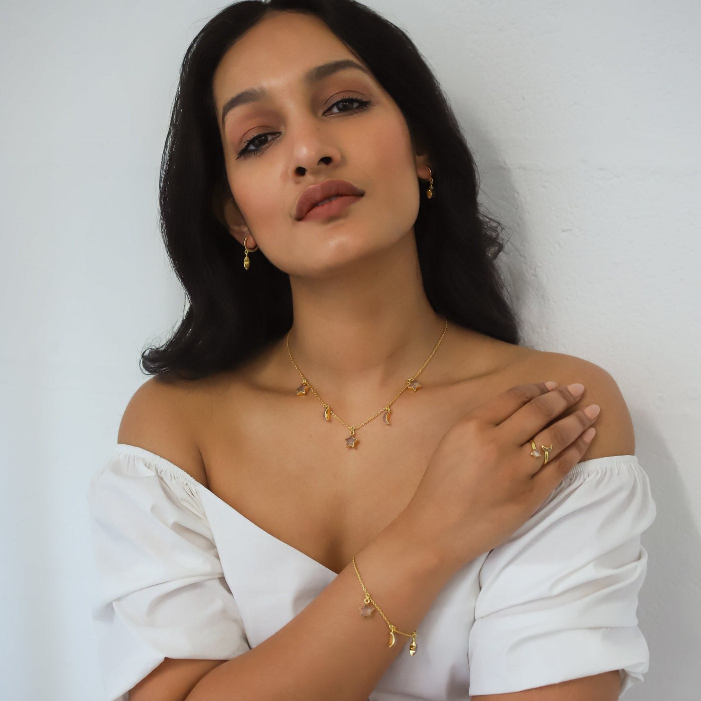 Adela Rose Quartz Star & Moon Charm Necklace | 18k Gold Plated