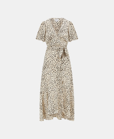 Cream Animal Printed Satin Wrap Midi Dress