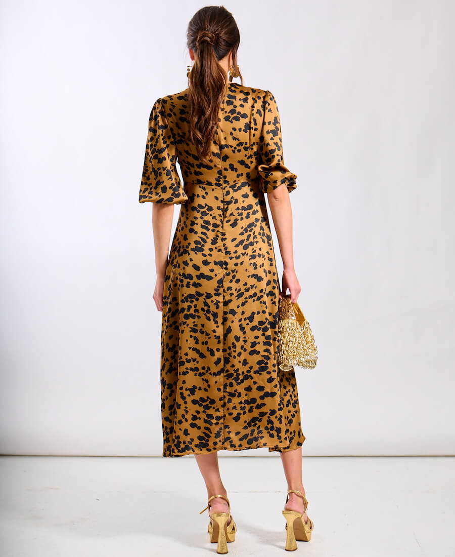 Brown Leopard Satin Midi Dress