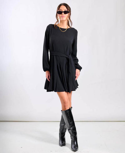 Black Crepe Belted Fit and Flare Dress