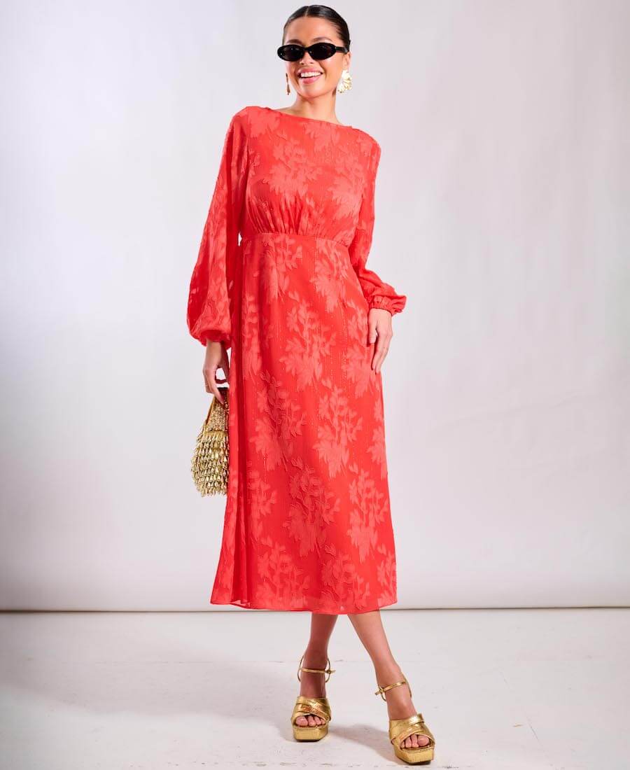 Coral Long Sleeve Jacquard Midi Dress
