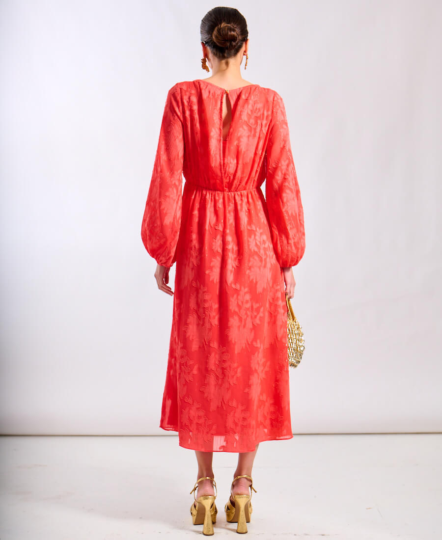 Coral Long Sleeve Jacquard Midi Dress