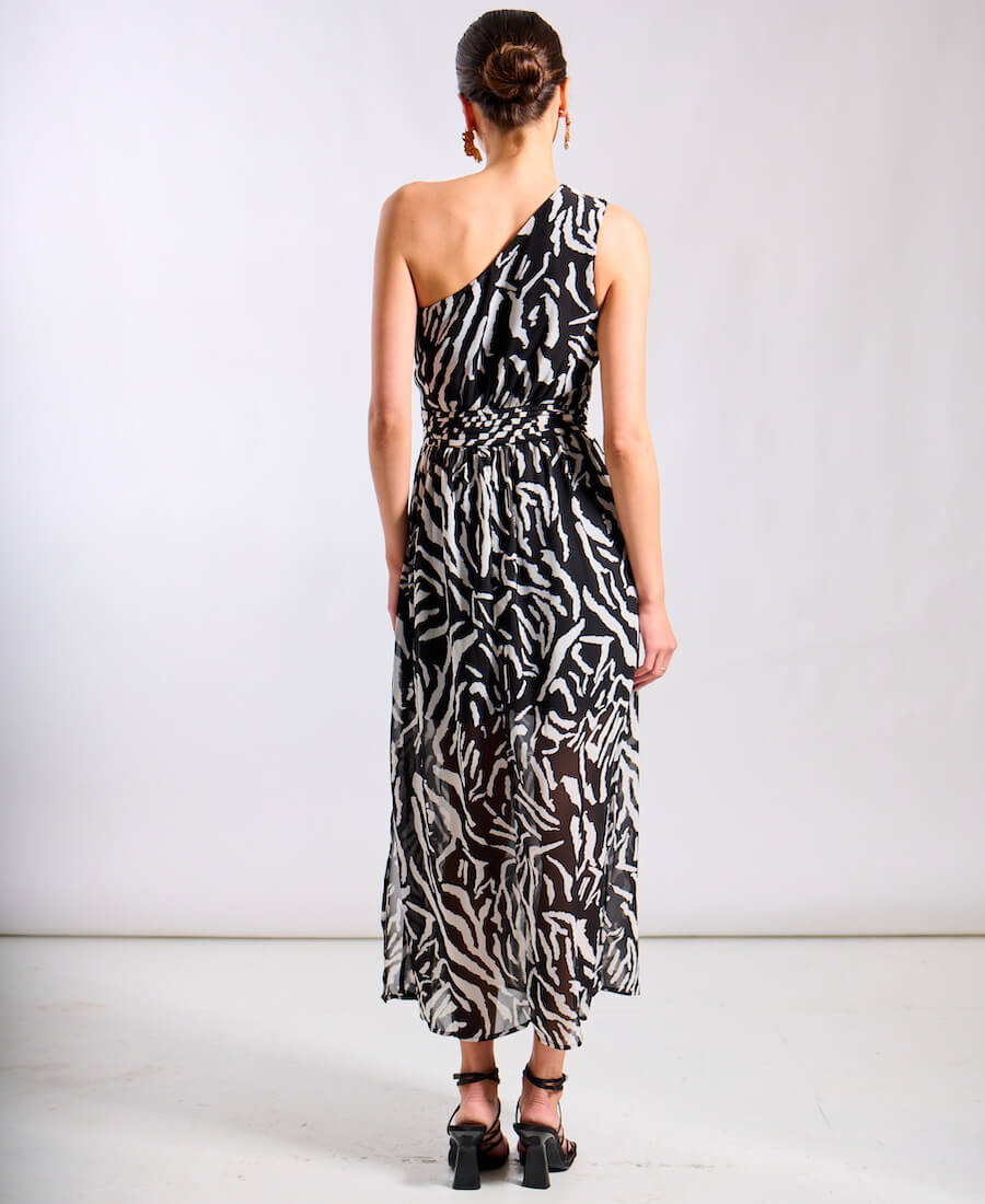 Black Animal One Shoulder Midi Dress