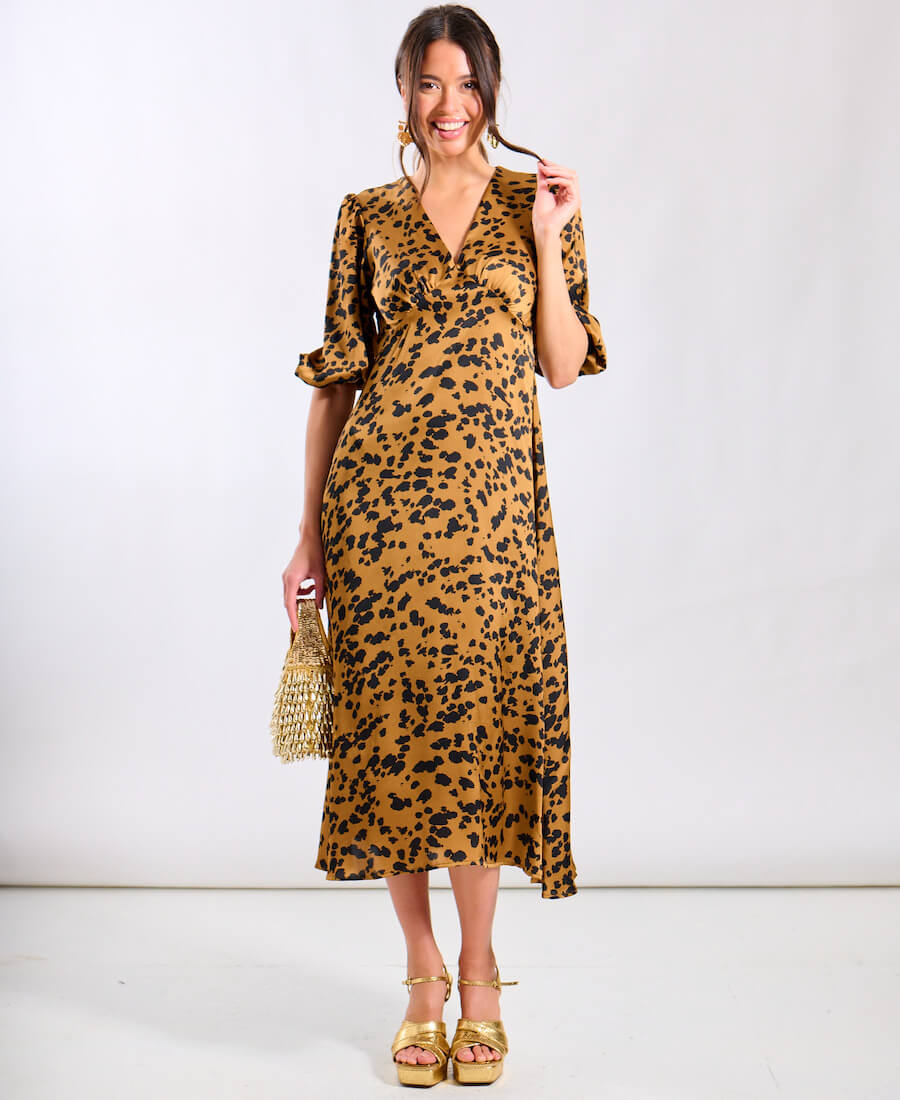 Brown Leopard Satin Midi Dress