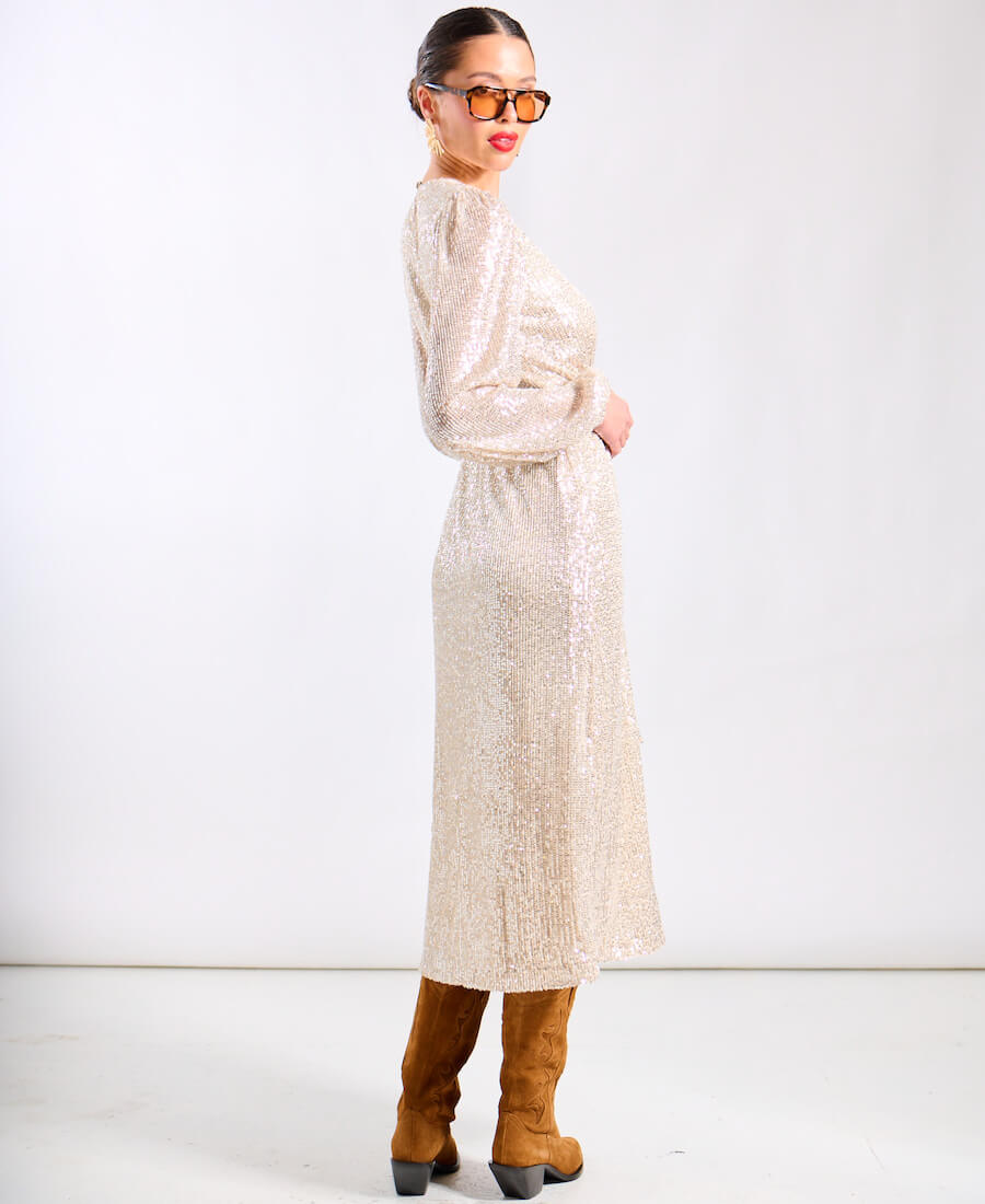 Cream Sequin Wrap Midi Dress