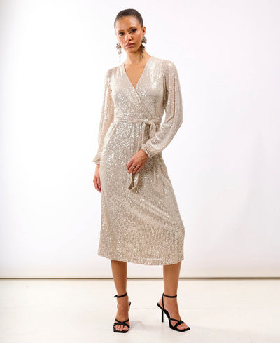 Cream Sequin Wrap Midi Dress