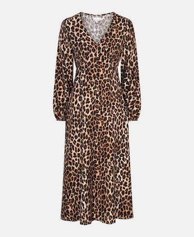 Brown Animal Printed Long Sleeve Midi Dress