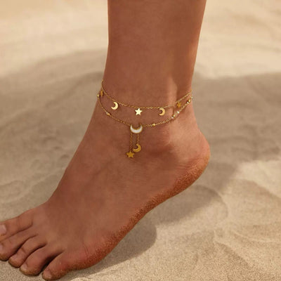 Cassia Luxe 18k Gold Double Layer Celestial Moon and Star Gold Anklet