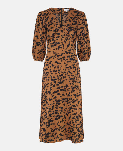 Brown Leopard Satin Midi Dress