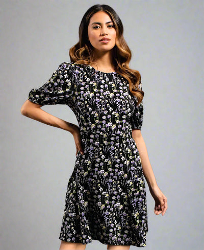 Black Floral Puff Sleeve Mini Dress